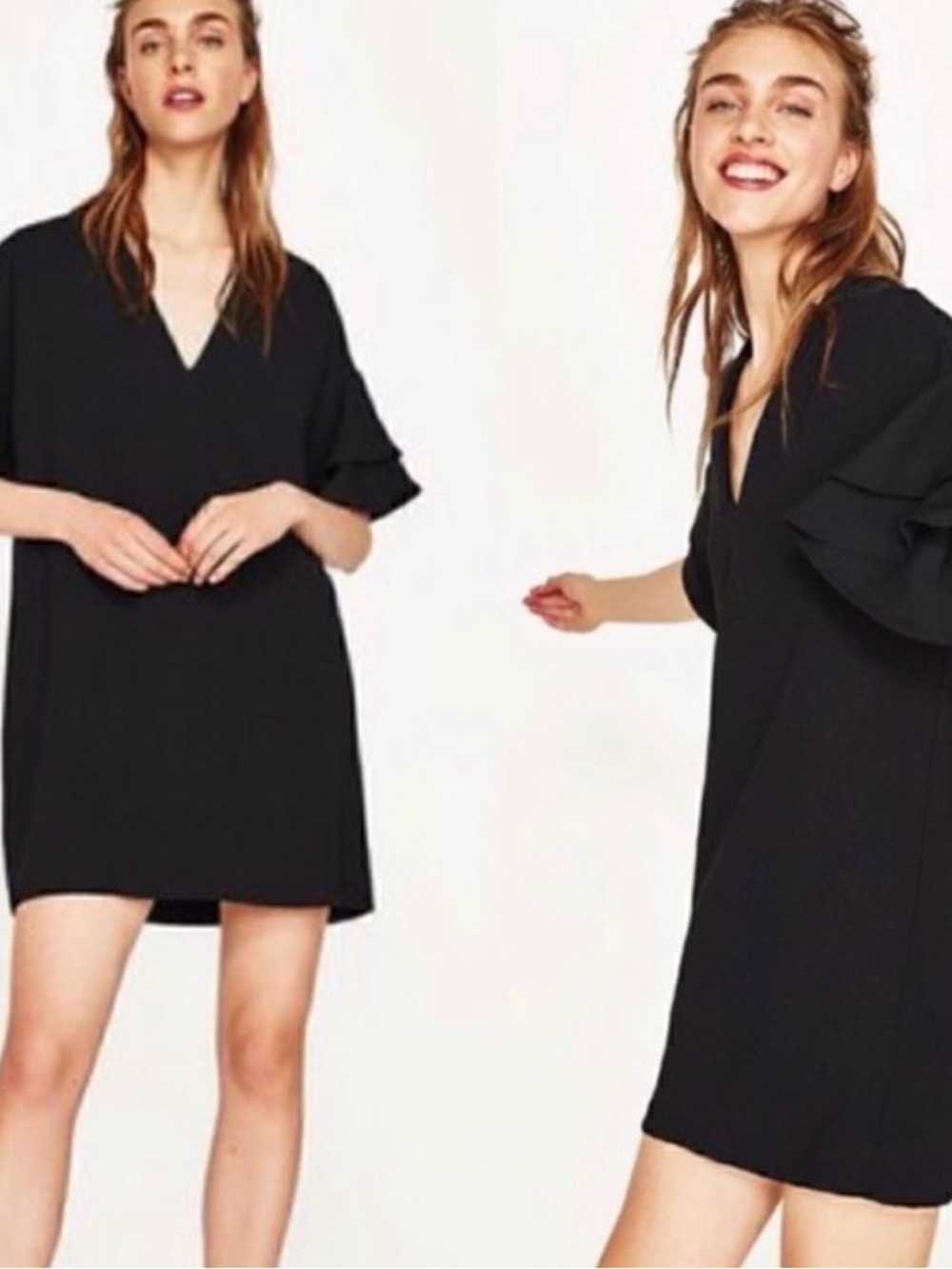 Zara Black V-Neck Ruffle Sleeve Shift Dress